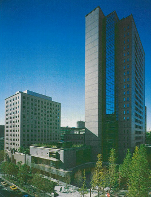 千代田キャンパスの入る学術総合センタービル（右）と如水会ビル